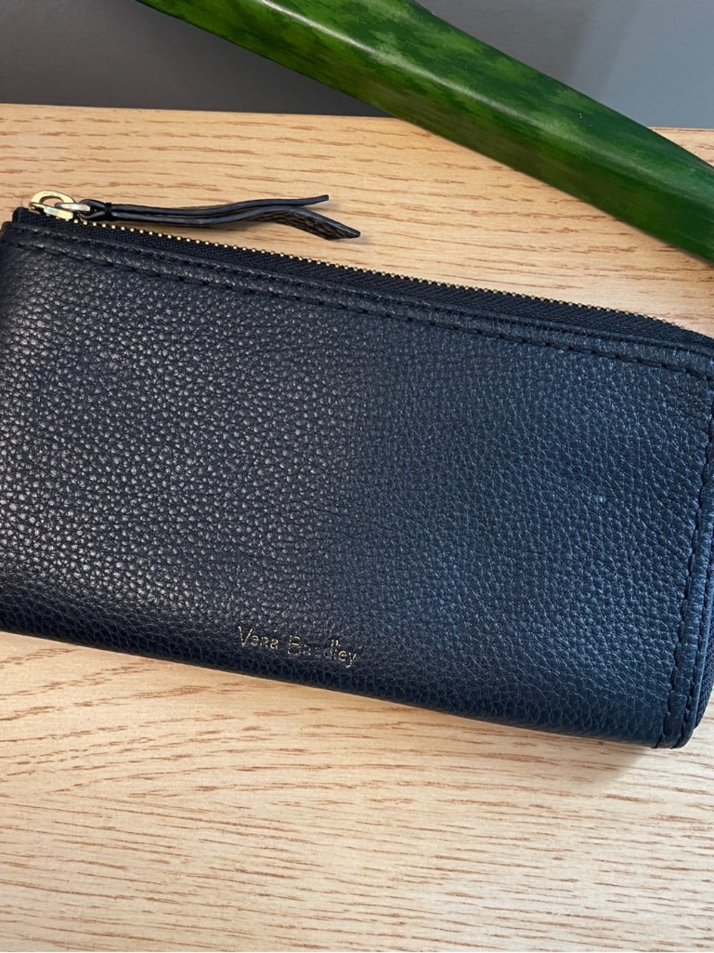 Vera Bradley Black Pebbled Zip Wallet with Gold Hardware
